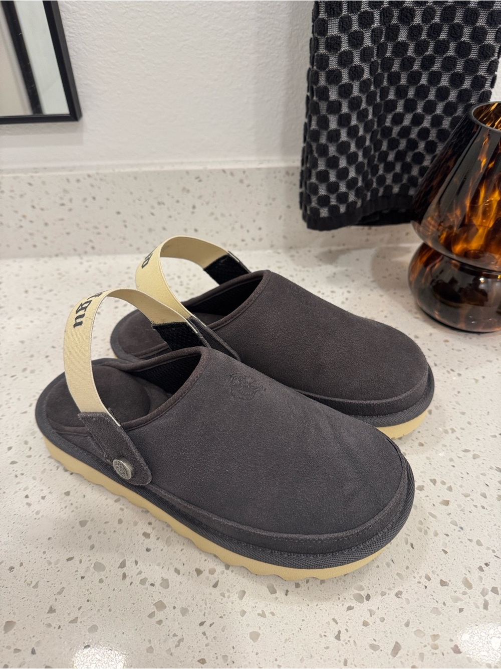 Darc Sport Dark Gray Slip-On Clogs with Cream Strap